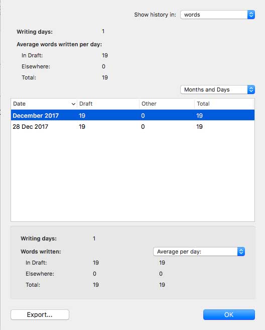 Scrivener 3 offers much more in-depth writing statistics.